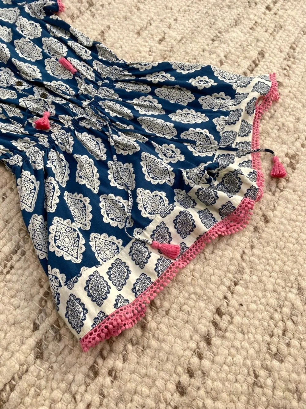 Matilda Jane Blue White Tile Print Tassel Pocket Romper, Size S - Picture 3 of 10